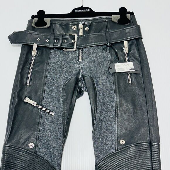 Versace Runway Black Leather Denim Size 40 US 4 Flared Pants Belted NWT $4875 - Picture 8 of 15